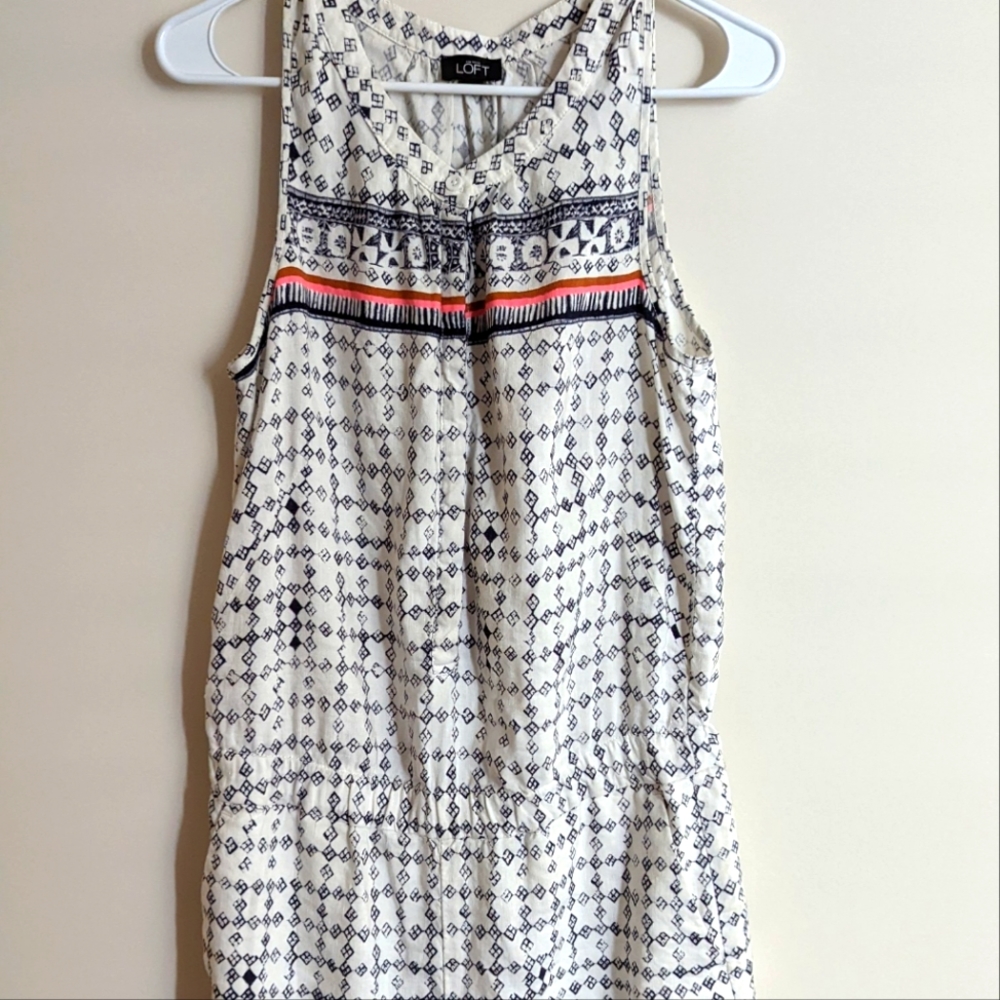 Ann Taylor Loft Women's S Blue White Geometric Linen Romper Jumpsuit NWO…